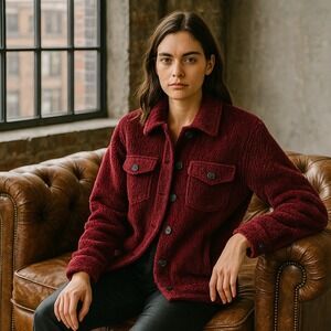 Anthropologie Avec‎ Les Filles Burgundy Textured Velvet Button  Shacket Jacket S
